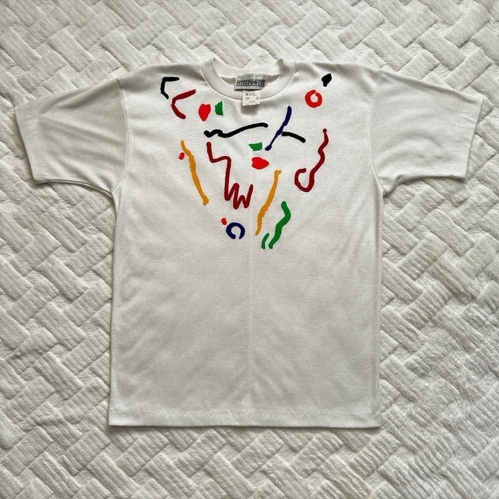 Vintage 1980s Abstract Art Scribble Graphic Tee - White M - Picture 3 of 5